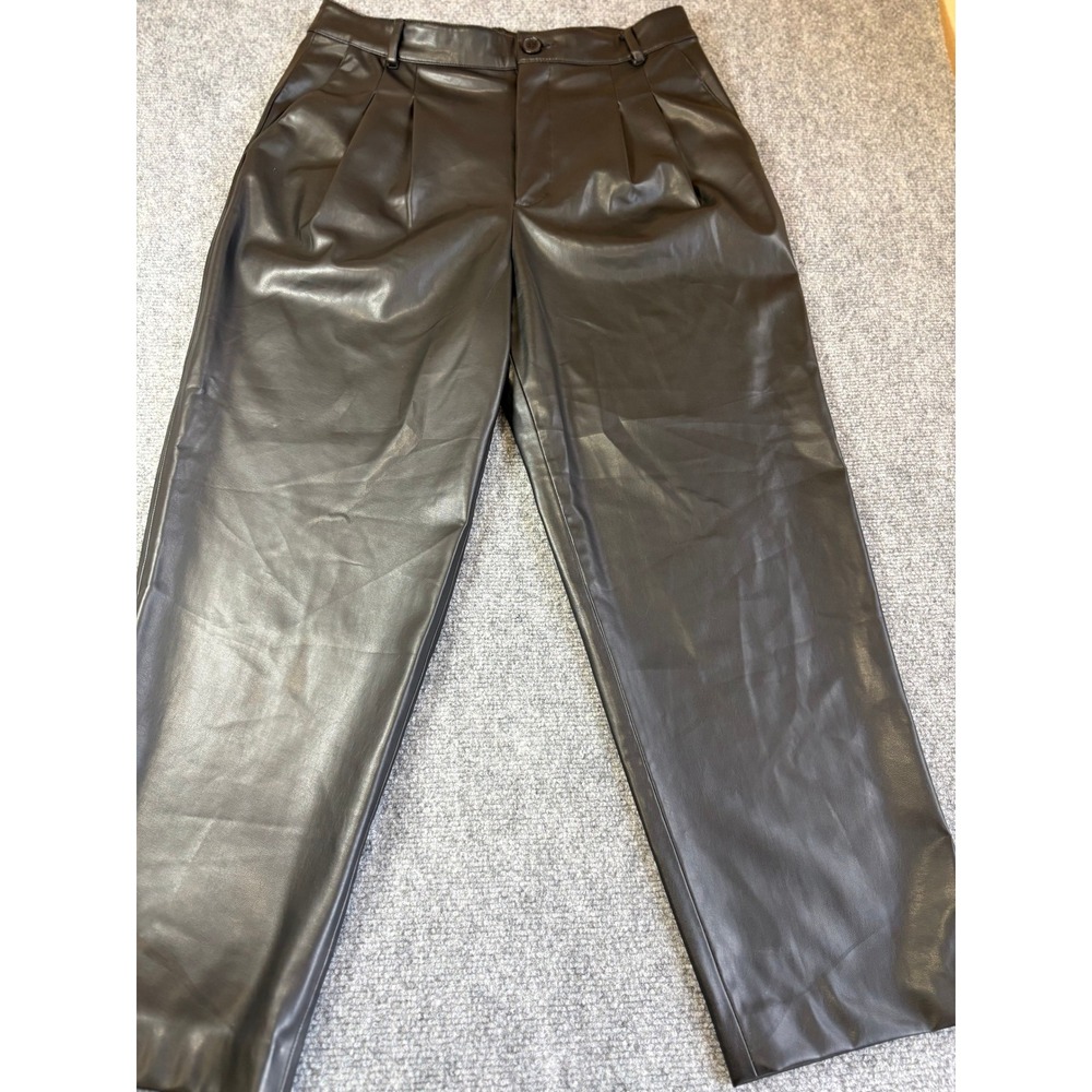 ZARA Women's S Black Faux Leather Pleated Pants High Rise Straight Leg